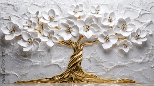 Elegant white floral tree mural on textured wall
