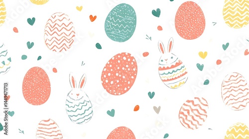Cute Easter Bunnies Pastel Eggs Spring Holiday Pattern Design art card pink blue dots bunny happy   