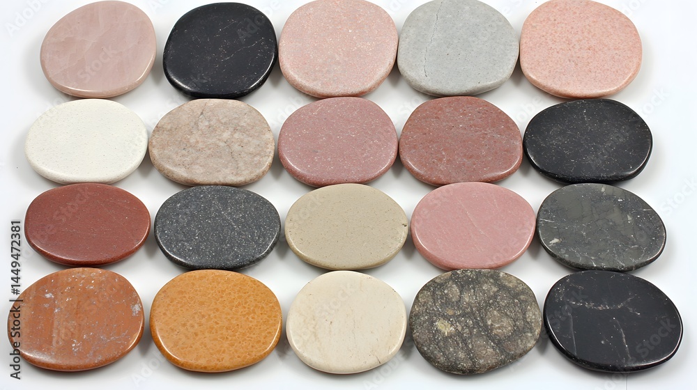 Fototapeta premium Collection of Polished Stone Discs, Colorful Marble Slabs, Natural Mineral Slices