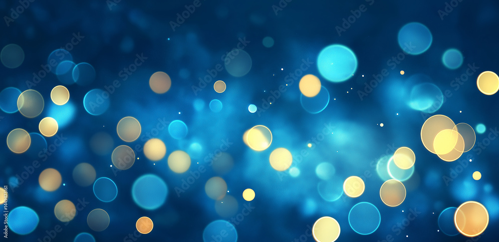 On a blue background, golden bokeh flickers, creating a dreamy and romantic atmosphere, suitable for festive and celebratory scenes. On a blue background, golden bokeh flickers, creating a dreamy and romantic atmosphere, suitable for festive and celebratory scenes.