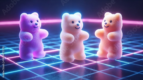 Gummy bears illuminated by futuristic neon grid, creating a sweet cyber world