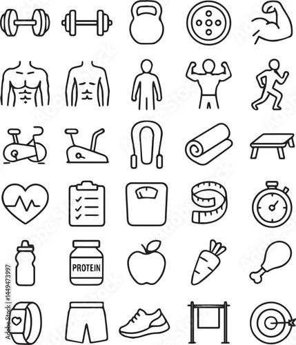 set of fitness icons. Body, diet food, protein, heart rate, bottle, equipment, clock, carpet, running