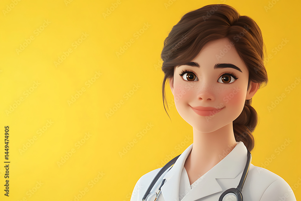 Cheerful female medical professional smiling warmly against a bright yellow background Cheerful female medical professional smiling warmly against a bright yellow background