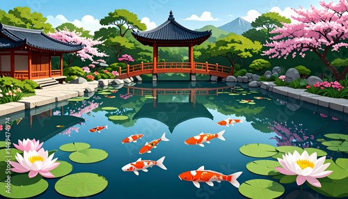 Koi Pond Reflection - Japanese Water Garden with Lotus