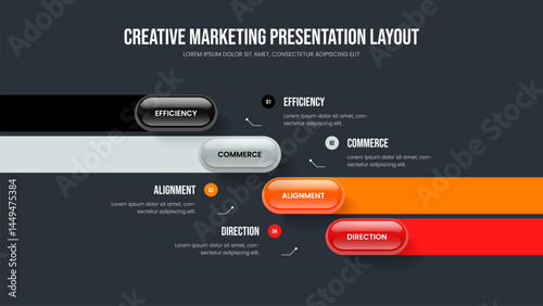 Marketing Portfolio Slide Template Vector Illustration. Digital Launch 4 Step Diagram Slideshow Design. Advertising Strategy Four Element Infographic Presentation Layout.