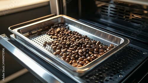 Roasted coffee beans cooling in stainless steel tray oven fresh aroma delicious brown coffee beans hot food cafe dark rich warm life drink