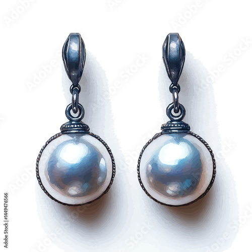 illustration of Pearl Drop Earrings With Silver Hooks, watercolor vector, isolated on a white background.
