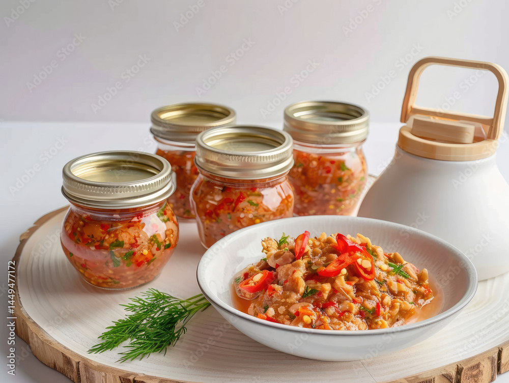 Spicy preserved relish in small jars Spicy preserved relish in small jars