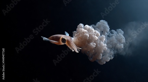 Isolated squid expelling cloud of ink in deep ocean's dark environment
