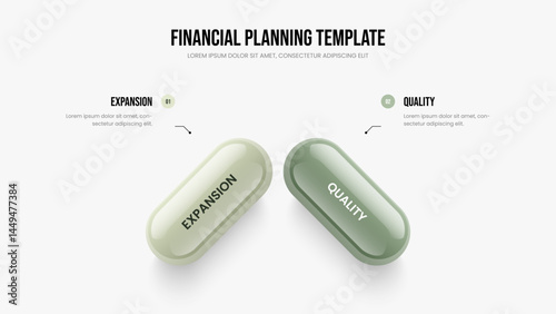 Marketing Showcase Two Step Diagram Slideshow Template. Financial Planning 2 Element Infographic Frame Layout. Visual Performance Presentation Design Vector Illustration.