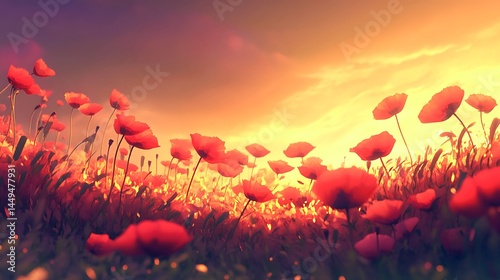 Vibrant Red Poppies Sunset Field Summer Nature Landscape sky art warm view bloom scene light grass  