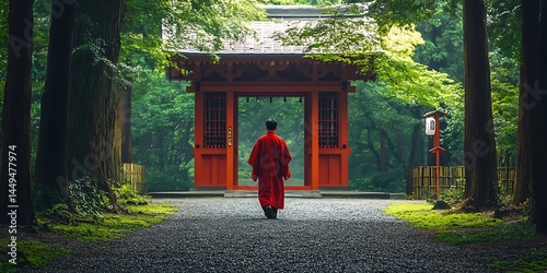Japanese Monk Walking Through Temple Grounds in Kyoto
