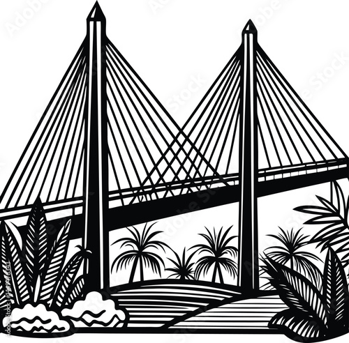 Seamless palm trees and boats pattern with urban city suspension bridge architecture