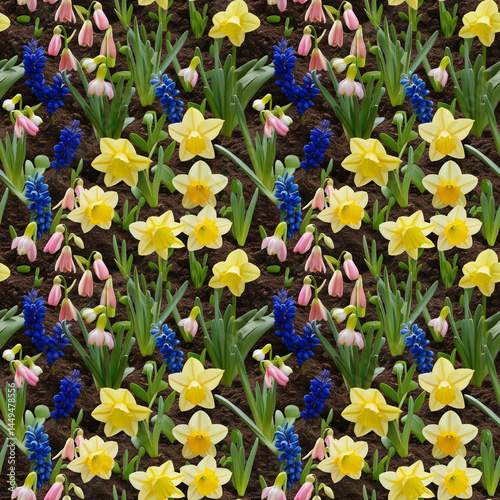 Spring Flowers Seamless Pattern with Yellow Daffodils and Blue Muscarifor Stationery, Digital Paper, Fabric Design, Gift Wrapping, Seasonal Blogs and Easter Projects