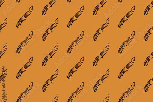 folding knife doodle seamless pattern on tan background for adventure merchandise. outdoor knife tumbler engraving pattern background. retro camping knife hatching illustration wallpaper