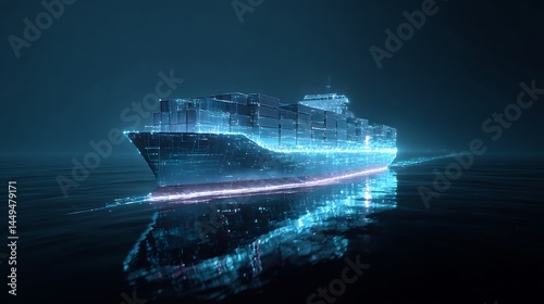 Futuristic digital cargo ship sailing through ocean concept visualization