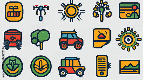 Agricultural Technology Icons.  Collection of colorful, line art icons representing various agricultural technologies, including drones, vehicles, sensors, and imagery.  
