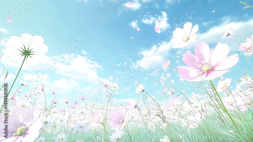 Pastel Pink Cosmos Flowers Field Sky  Beautiful Spring Blossom Nature soft calm airy bloom light    