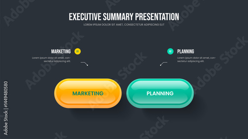 Professional Briefing Slide Layout Vector Illustration. Creative Solution 2 Step Diagram Slideshow Design. Market Analysis Two Element Infographic Frame Template.