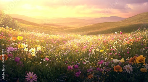 Vibrant Wildflower Meadow Sunset Landscape Scenic Summer Nature sky day art calm view field hills   