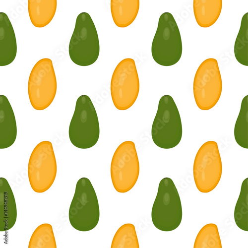 Seamless pattern with tropical fruits for packaging and wrapping paper. Yellow mango and green avocado on a white background. Vector illustration. Print for gift bag. Ornament.