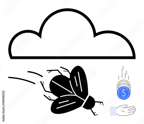 Black insect flying near a cloud, coins falling into a hand. Ideal for nature, environment, economy, sustainability, finance, agriculture, and a simple landing page