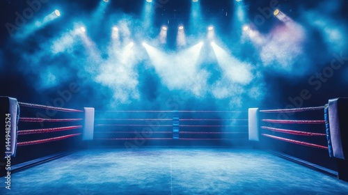 Empty Boxing Ring with Spotlights and Smoke Ready for a Fight or Competition Event
