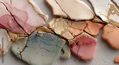 Artistic Pastel Palette with Gold Accents, Cracks and Textured Surface - Abstract Beauty and Cosmetic Theme