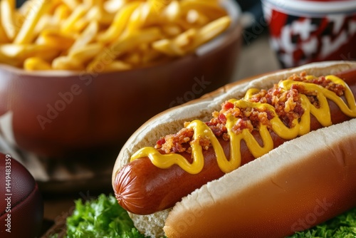 Appetizing Hot Dog with Bacon and Mustard Next to French Fries and Football Theme Cup