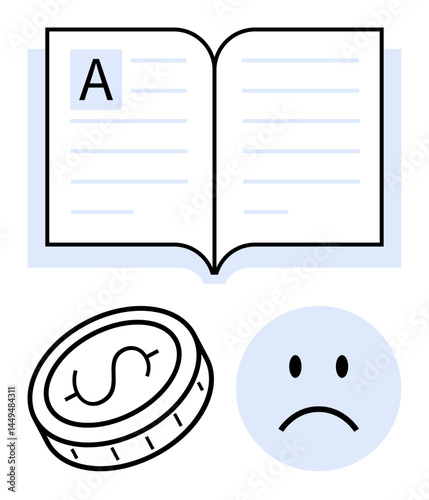 Open book with text, stackable dollar coin, sad face expressing concern. Ideal for financial literacy, education costs, budget planning, emotional stress, debt awareness, saving habits simple