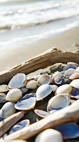 Hyper-quality professionnal photography, ultra detailed, Glistening shells and driftwood scattered along the shoreline of a sandy beach