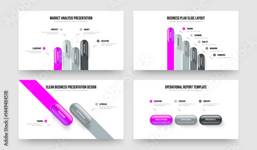 Marketing Review Four Five Two Three Option Diagram Presentation Design Vector Illustration Set. Professional Campaign 4 5 2 3 Element Infographic Slide Template Bundle.