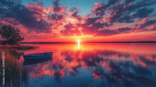 Tranquil lake scene with solitary boat and vibrant sunset reflections
