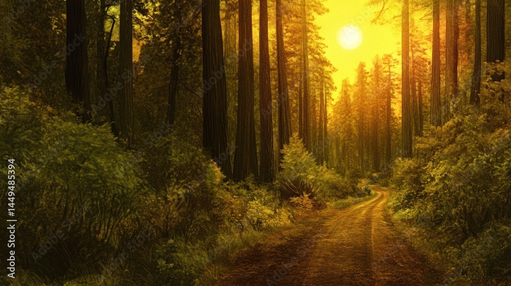 Fototapeta premium Golden Redwood Forest Path at Sunrise