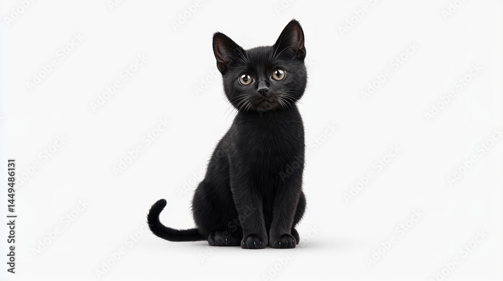 Fototapeta premium Black kitten sits attentively against white background