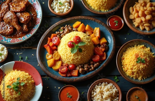 Top view of traditional Saudi Arabian meal. Dishes include rice, meat, vegetables, sauces, and sides. Middle Eastern cuisine for dinner. Delicious, homemade meal in Arabic tradition.