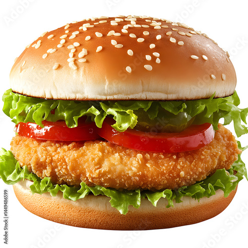Delicious Crispy Chicken Burger with Sesame Bun Lettuce Tomato Pickles