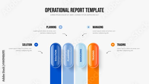 Corporate Development Slide Template Vector Illustration. Professional Visualization 4 Step Infographic Presentation Design. Sales Launch Four Element Diagram Frame Layout.