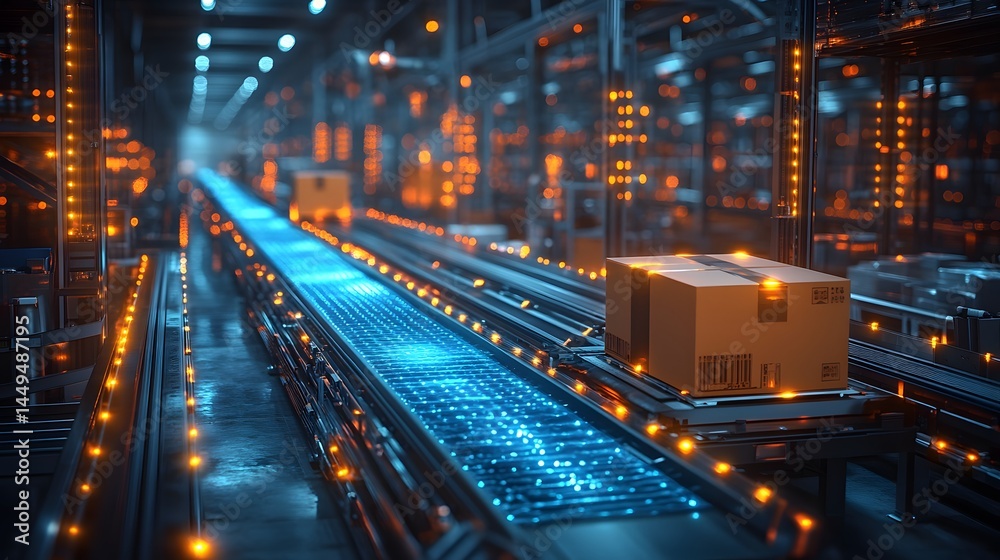 Fototapeta premium Smart warehouse management system using augmented reality technology to identify package picking and delivery . Future concept of supply chain and logistic business,