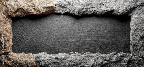Stone Frame with Textured Black Center, Rough Rock Edges, Neutral Tones, and Detailed Surface