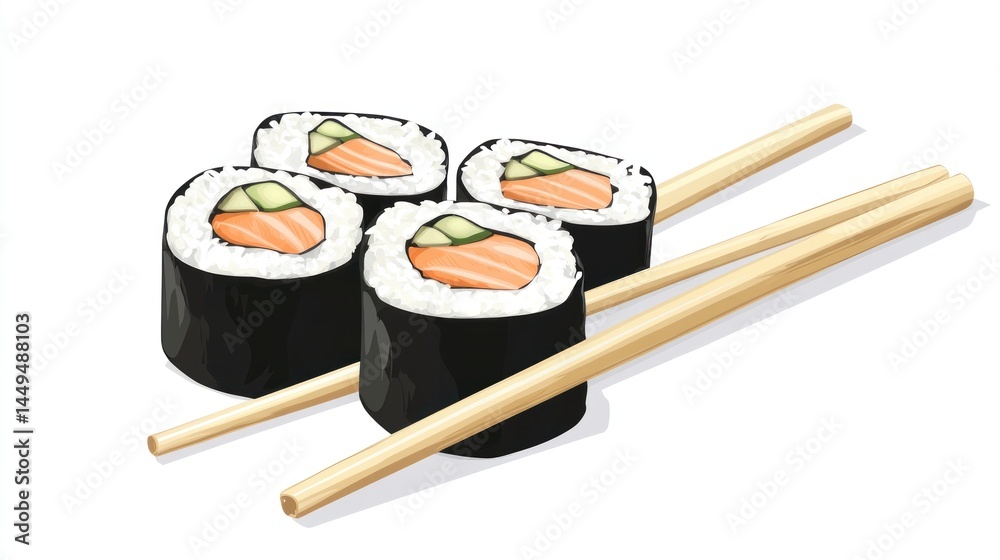 Four salmon sushi rolls with rice, avocado and nori seaweed. Served with chopsticks Four salmon sushi rolls with rice, avocado and nori seaweed. Served with chopsticks