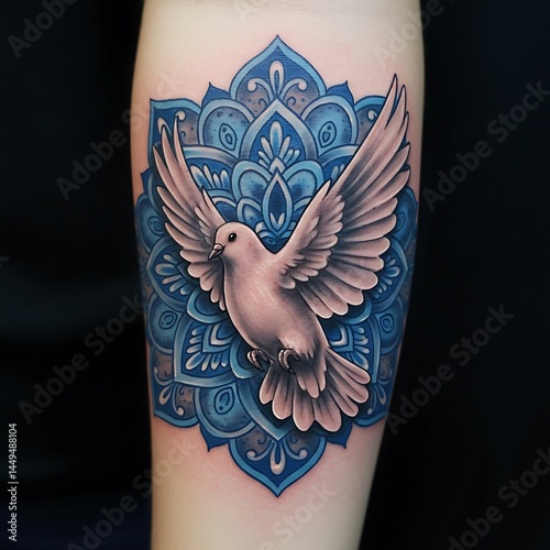 Dove in mandala-style blue background tattoo photo