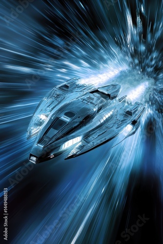 Spaceship hurtling through a blue wormhole at warp speed in futuristic science fiction scene