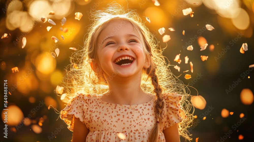 Joyful child laughs amidst falling petals Joyful child laughs amidst falling petals