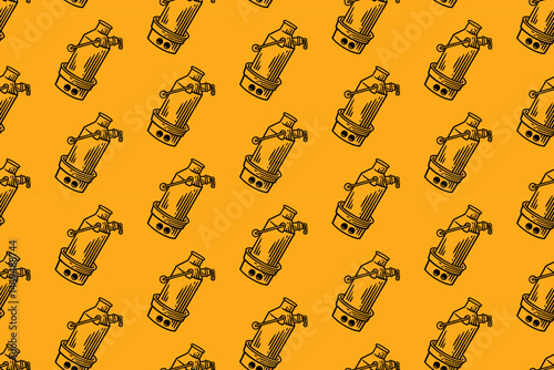 outdoor kettle doodle seamless pattern on yellow background for adventure merchandise. camping pot, diarrhea engraving pattern background. retro portable cauldron hatching illustration wallpaper