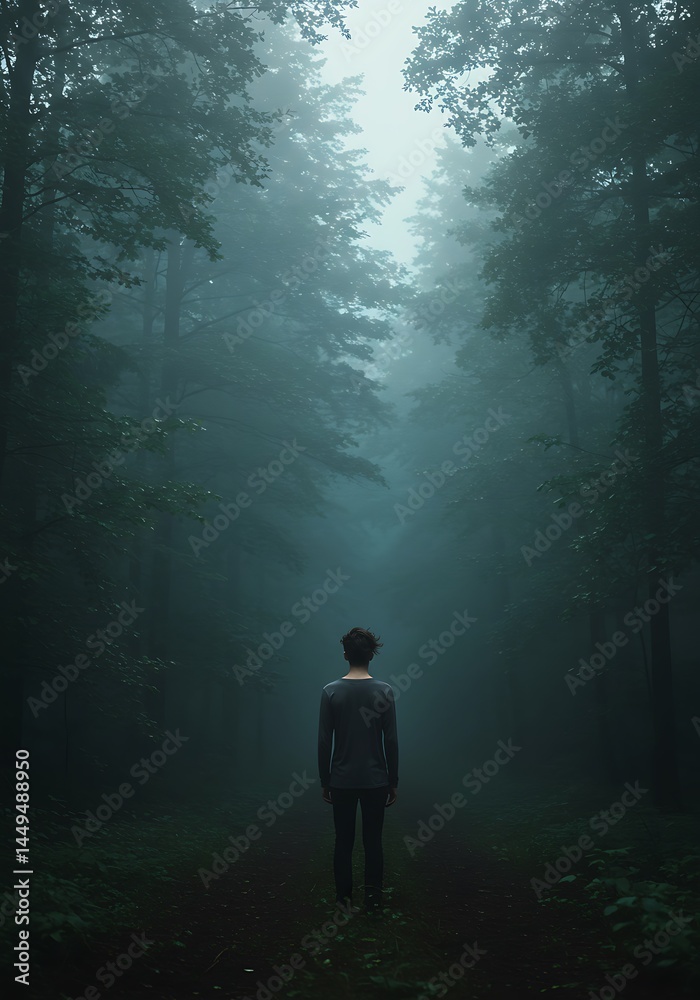 Figure alone in misty green forest Figure alone in misty green forest