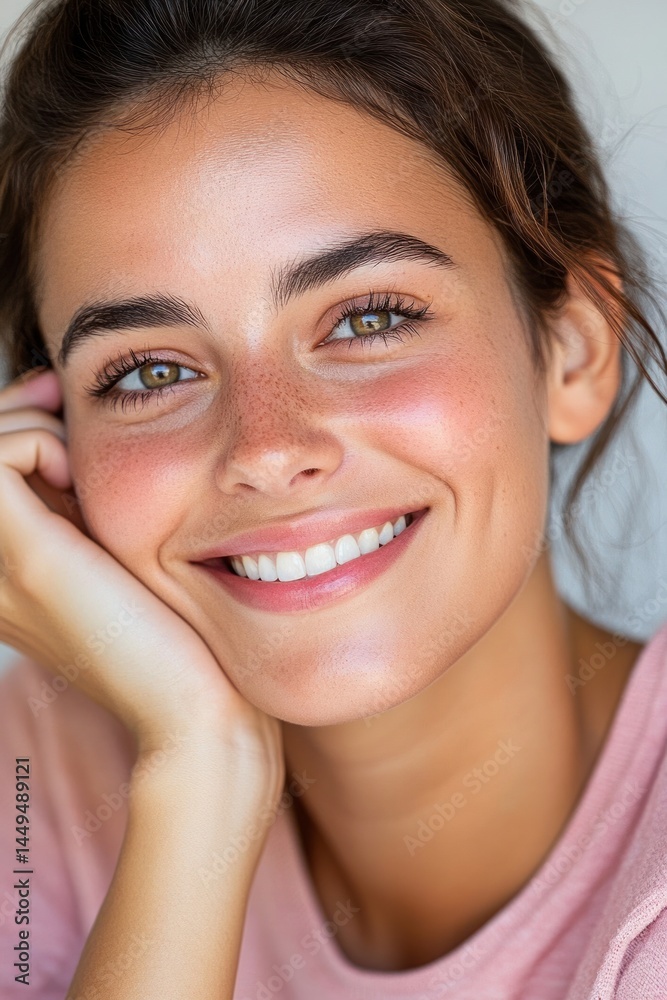 Young hispanic female smiling with hand on chin in pink shirt. Young hispanic female smiling with hand on chin in pink shirt.