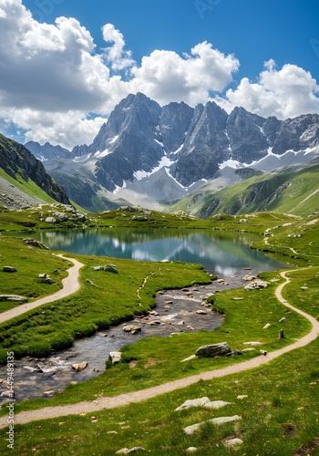 Idyllic alpine scenery featuring a serene lake mirroring majestic peaks under a dynamic sky, showcasing nature's unspoiled beauty, tranquil mountain landscape