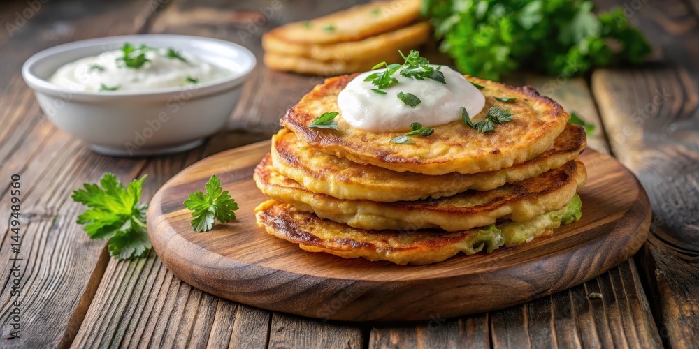 Golden brown potato pancakes with yogurt sauce and herbs on a wooden board, food, meal, food, meal, snack,golden brown Golden brown potato pancakes with yogurt sauce and herbs on a wooden board, food, meal, food, meal, snack,golden brown