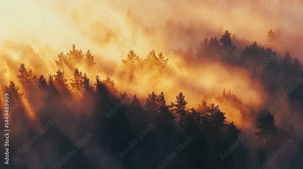 Naklejka premium Golden Sunrise Through Misty Forest: A Breathtaking Mountain View